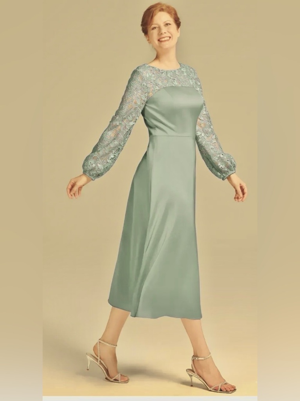 AW Bridal OCARINA DRESS Elegant Sage Green Lace-Sleeve Midi Dress Sz 16